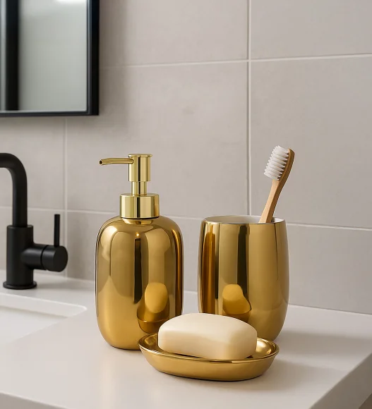 Earth 2-Piece Ceramic Bathroom Set, Gold | Soap Dispenser & Tumbler | Premium Washbasin Accessories
