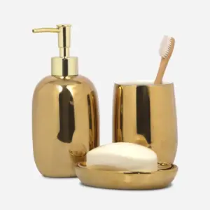 Earth 2-Piece Ceramic Bathroom Set, Gold | Soap Dispenser & Tumbler | Premium Washbasin Accessories image 2