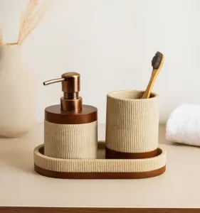 Myra 3-Piece Polyresin Bathroom Accessory Set | Soap Dispenser, Tumbler & Toothbrush Holder | Stone-Effect Washbasin Set – Beige & Brown