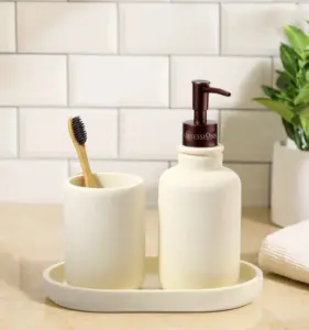 Myra 3-Piece Polyresin Bathroom Accessory Set | Soap Dispenser, Tumbler & Toothbrush Holder | Stone-Effect Washbasin Set – Cream