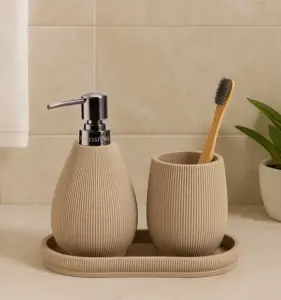 Myra 3-Piece Polyresin Bathroom Accessory Set | Soap Dispenser, Tumbler & Toothbrush Holder | Stone-Effect Washbasin Set – Taupe