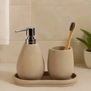Myra 3-Piece Polyresin Bathroom Accessory Set | Soap Dispenser, Tumbler & Toothbrush Holder | Stone-Effect Washbasin Set - Taupe