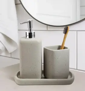 Myra 3-Piece Polyresin Bathroom Accessory Set | Soap Dispenser, Tumbler & Toothbrush Holder | Stone-Effect Washbasin Set – Stone