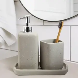 Myra 3-Piece Polyresin Bathroom Accessory Set | Soap Dispenser, Tumbler & Toothbrush Holder | Stone-Effect Washbasin Set - Stone