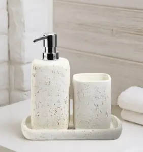 Myra 3-Piece Polyresin Bathroom Accessory Set | Soap Dispenser, Tumbler & Toothbrush Holder | Stone-Effect Washbasin Set