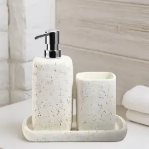 Myra 3-Piece Polyresin Bathroom Accessory Set | Soap Dispenser, Tumbler & Toothbrush Holder | Stone-Effect Washbasin Set - Off White
