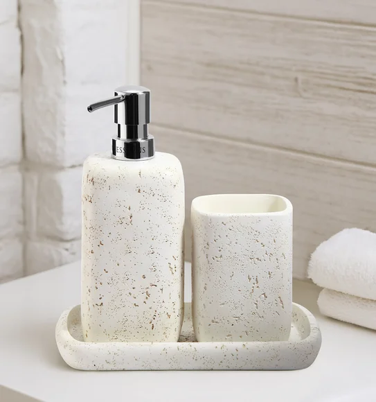 Myra 3-Piece Polyresin Bathroom Accessory Set | Soap Dispenser, Tumbler & Toothbrush Holder | Stone-Effect Washbasin Set
