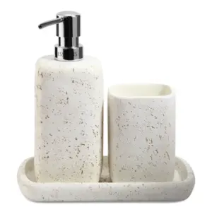 Myra 3-Piece Polyresin Bathroom Accessory Set | Soap Dispenser, Tumbler & Toothbrush Holder | Stone-Effect Washbasin Set image 2