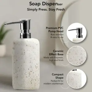 Myra 3-Piece Polyresin Bathroom Accessory Set | Soap Dispenser, Tumbler & Toothbrush Holder | Stone-Effect Washbasin Set image 3