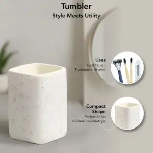 Myra 3-Piece Polyresin Bathroom Accessory Set | Soap Dispenser, Tumbler & Toothbrush Holder | Stone-Effect Washbasin Set image 4