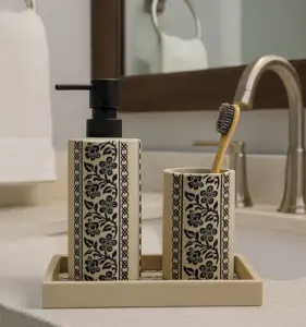 Myra 3-Piece Polyresin Bathroom Accessory Set | Soap Dispenser, Tumbler & Toothbrush Holder | Stone-Effect Washbasin Set – Cream & Black