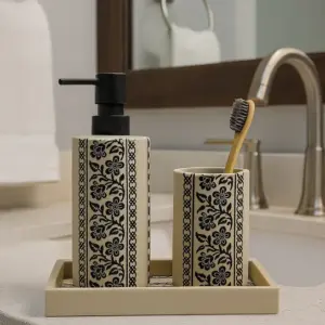 Myra 3-Piece Polyresin Bathroom Accessory Set | Soap Dispenser, Tumbler & Toothbrush Holder | Stone-Effect Washbasin Set - Cream & Black