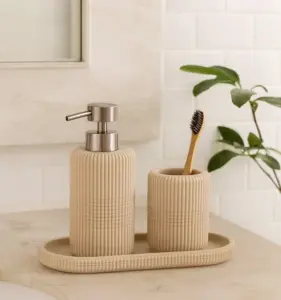 Myra 3-Piece Polyresin Bathroom Accessory Set | Soap Dispenser, Tumbler & Toothbrush Holder | Stone-Effect Washbasin Set – Dark Beige