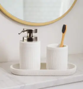 Myra 3-Piece Polyresin Bathroom Accessory Set | Soap Dispenser, Tumbler & Toothbrush Holder | Stone-Effect Washbasin Set – White