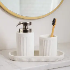 Myra 3-Piece Polyresin Bathroom Accessory Set | Soap Dispenser, Tumbler & Toothbrush Holder | Stone-Effect Washbasin Set - White