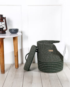 Pano Stripe Multi-Purpose Laundry Basket with Lid | Foldable Storage Hamper – Green