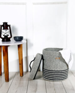 Pano Stripe Multi-Purpose Laundry Basket with Lid | Foldable Storage Hamper – Grey
