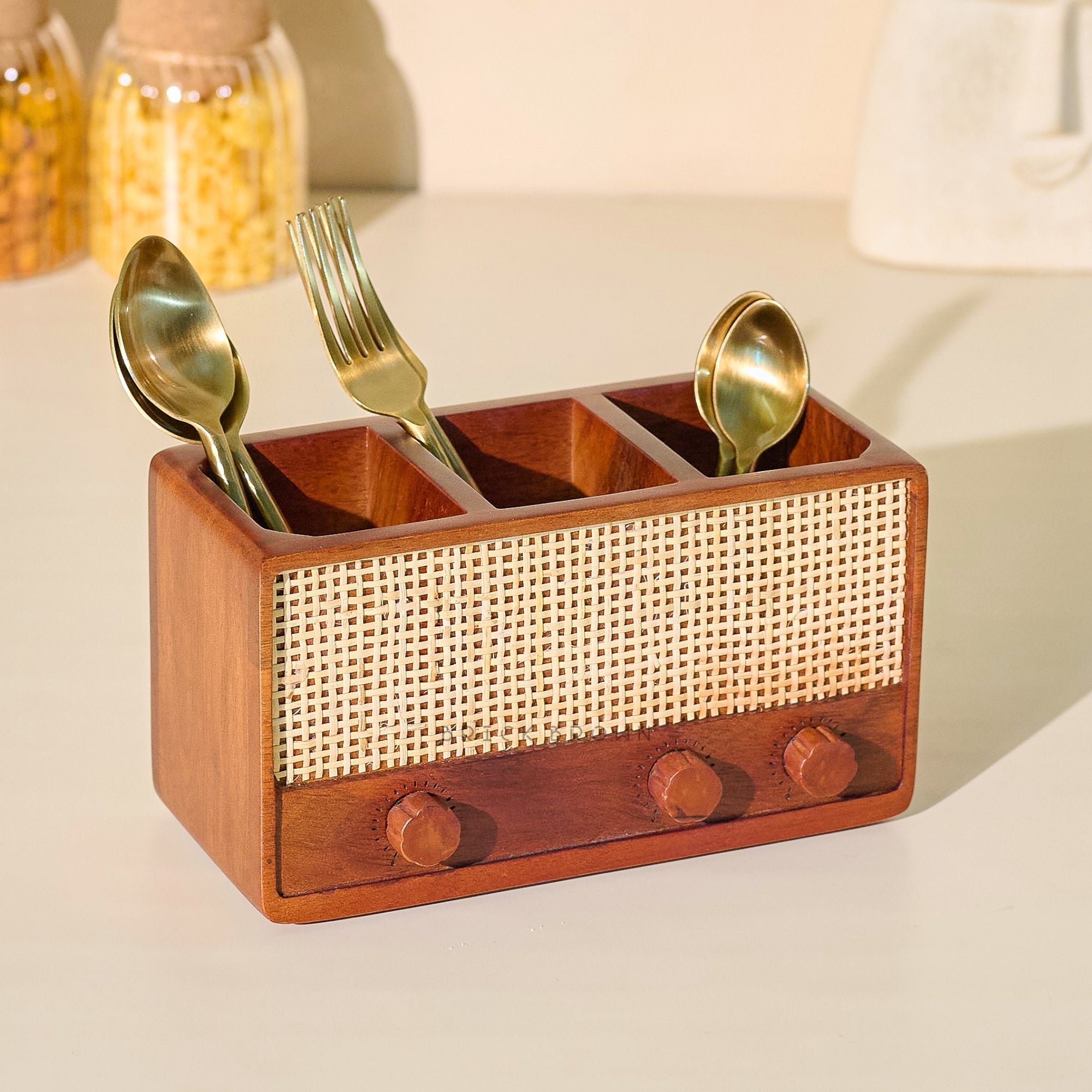 Brick Brown Dhun Solid Wood Cutlery Holder