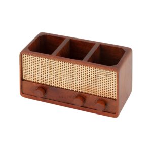 Brick Brown Dhun Solid Wood Cutlery Holder | Vintage Radio Design, 3 Compartments, Hand-Woven Rattan Panel image 7