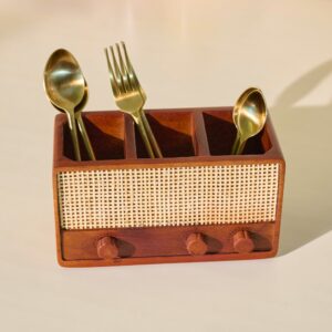 Brick Brown Dhun Solid Wood Cutlery Holder | Vintage Radio Design, 3 Compartments, Hand-Woven Rattan Panel image 2