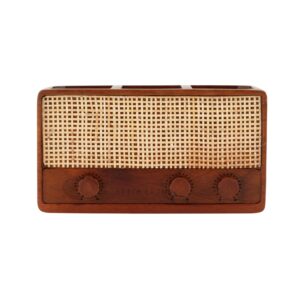 Brick Brown Dhun Solid Wood Cutlery Holder | Vintage Radio Design, 3 Compartments, Hand-Woven Rattan Panel image 8
