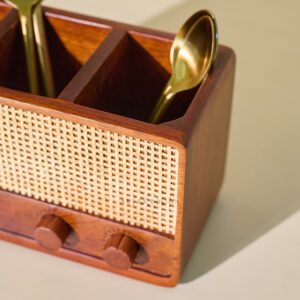 Brick Brown Dhun Solid Wood Cutlery Holder | Vintage Radio Design, 3 Compartments, Hand-Woven Rattan Panel image 4