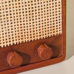 Brick Brown Dhun Solid Wood Cutlery Holder | Vintage Radio Design, 3 Compartments, Hand-Woven Rattan Panel image 5
