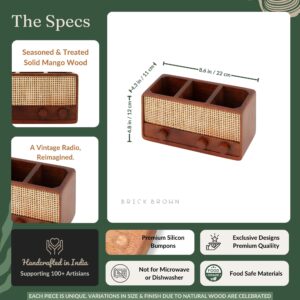 Brick Brown Dhun Solid Wood Cutlery Holder | Vintage Radio Design, 3 Compartments, Hand-Woven Rattan Panel image 6