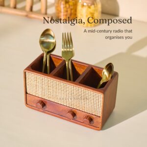 Brick Brown Dhun Solid Wood Cutlery Holder | Vintage Radio Design, 3 Compartments, Hand-Woven Rattan Panel image 3