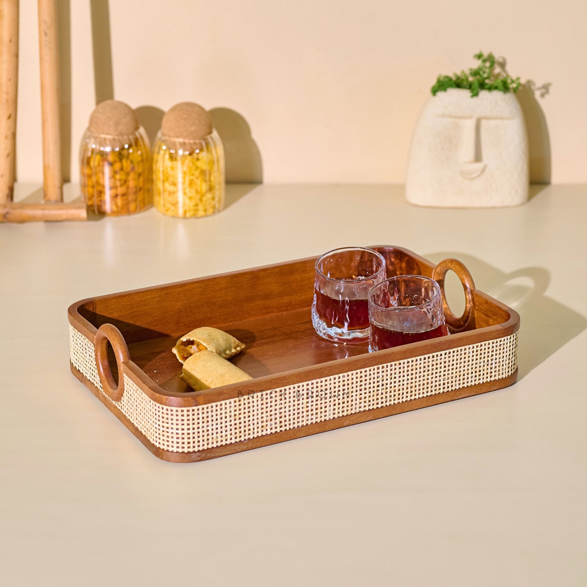 Brick Brown Tresso Solid Wood Serving Tray with Cane Webbing