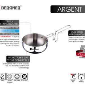 Bergner Argent Tri-Ply Stainless Steel 12cm (500 ml) Tadka Pan image 3