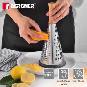 Bergner Naturally Stainless Steel Cone Grater 27.4cm | Fine & Coarse Shred, Beech Wood Handle, Non-Slip Base image 3