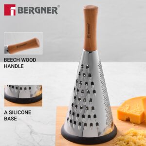 Bergner Naturally Stainless Steel Cone Grater 27.4cm | Fine & Coarse Shred, Beech Wood Handle, Non-Slip Base image 4