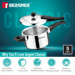 Bergner Argent Classic Tri-Ply 1.5L Outer-Lid Pressure Cooker image 7