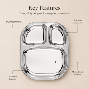 Kraft Stainless Steel 3-Section Pav Bhaji Plate | Compartment Serving Plate for Snacks & Dinner image 3