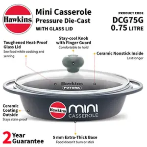 Die Cast Grey Oval Mini Casserole 0.75 Litre with Glass Lid (DCG75G) image 2