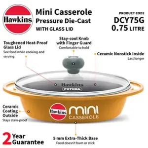 Die Cast Yellow Oval Mini Casserole 0.75 Litre with Glass Lid (DCY75G) image 2
