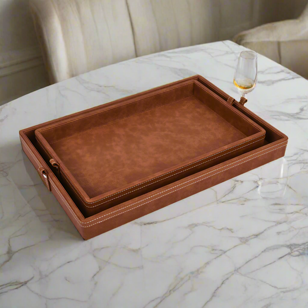 Doté Leatherette Rectangle Serving Tray, Set of 2