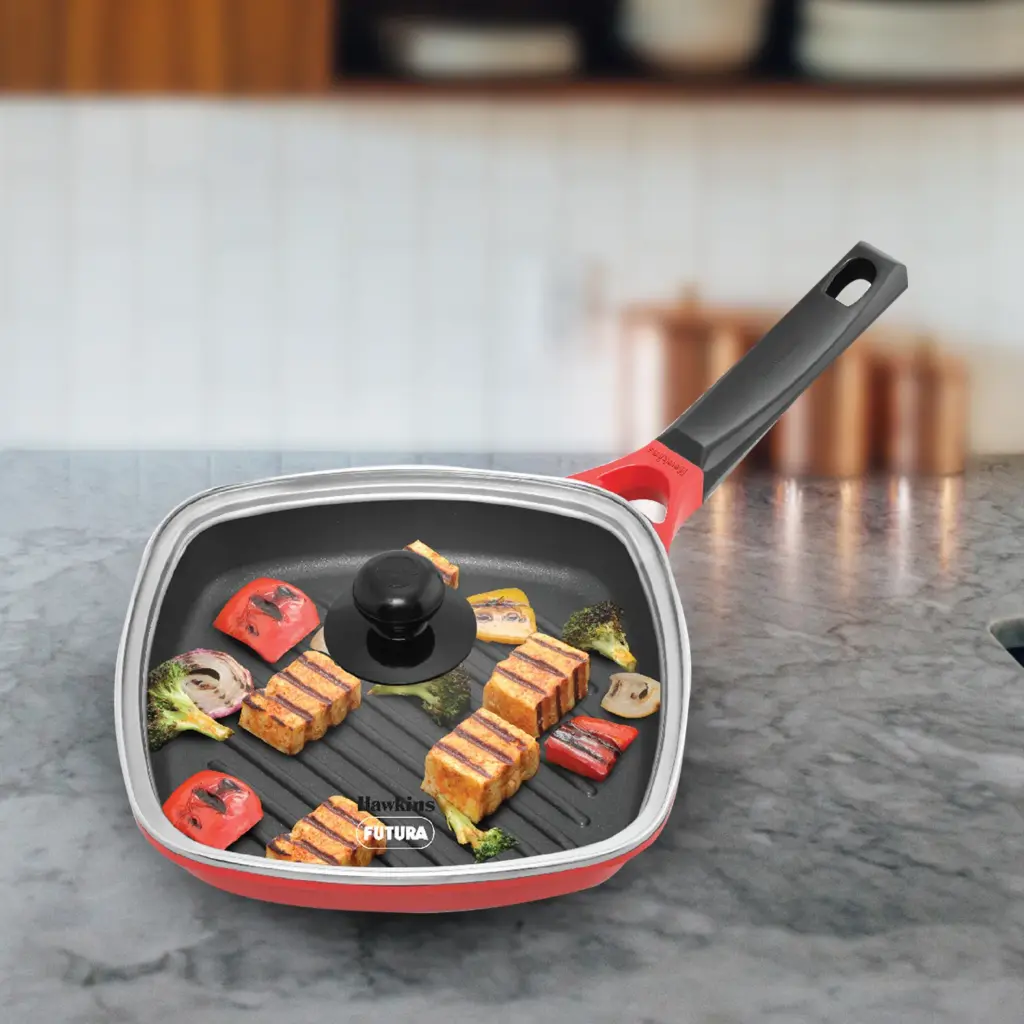 Induction Compatible Die Cast Grill Pan 26 cm with Glass Lid (IGP26G) — Bihari Di Hatti