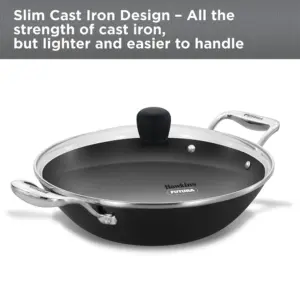 Induction Compatible Futura Ironman Slim Cast Iron Kadhai 2.5 Litre with Glass Lid (IMK25G) image 2