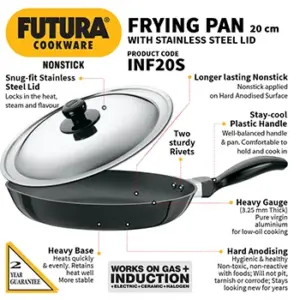Induction Compatible Nonstick Frying Pan 20 cm with Stainless Steel Lid (3.25 mm Thick) (INF20S) image 2