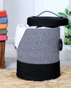 Pano Striped Multi-Purpose Laundry Basket with Lid, 15×15×18 in | Foldable Storage Hamper