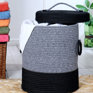 Pano Striped Multi-Purpose Laundry Basket with Lid, 15×15×18 in | Foldable Storage Hamper - Ash Grey