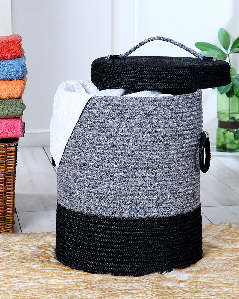 Pano Striped Multi-Purpose Laundry Basket with Lid, 15×15×18 in | Foldable Storage Hamper