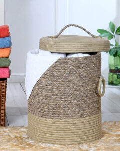 Pano Striped Multi-Purpose Laundry Basket with Lid, 15×15×18 in | Foldable Storage Hamper – Beige