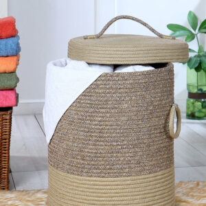 Pano Striped Multi-Purpose Laundry Basket with Lid, 15×15×18 in | Foldable Storage Hamper - Beige