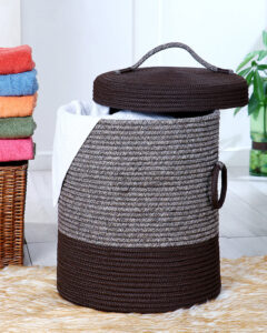 Pano Striped Multi-Purpose Laundry Basket with Lid, 15×15×18 in | Foldable Storage Hamper – Brown