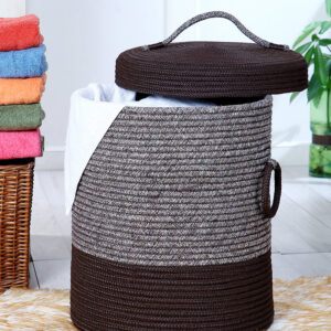 Pano Striped Multi-Purpose Laundry Basket with Lid, 15×15×18 in | Foldable Storage Hamper - Brown