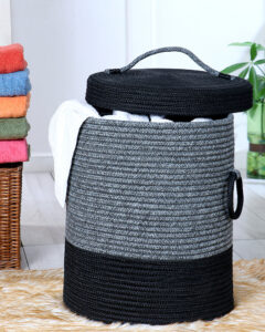 Pano Striped Multi-Purpose Laundry Basket with Lid, 15×15×18 in | Foldable Storage Hamper – Charcoal