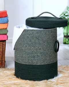 Pano Striped Multi-Purpose Laundry Basket with Lid, 15×15×18 in | Foldable Storage Hamper – Green